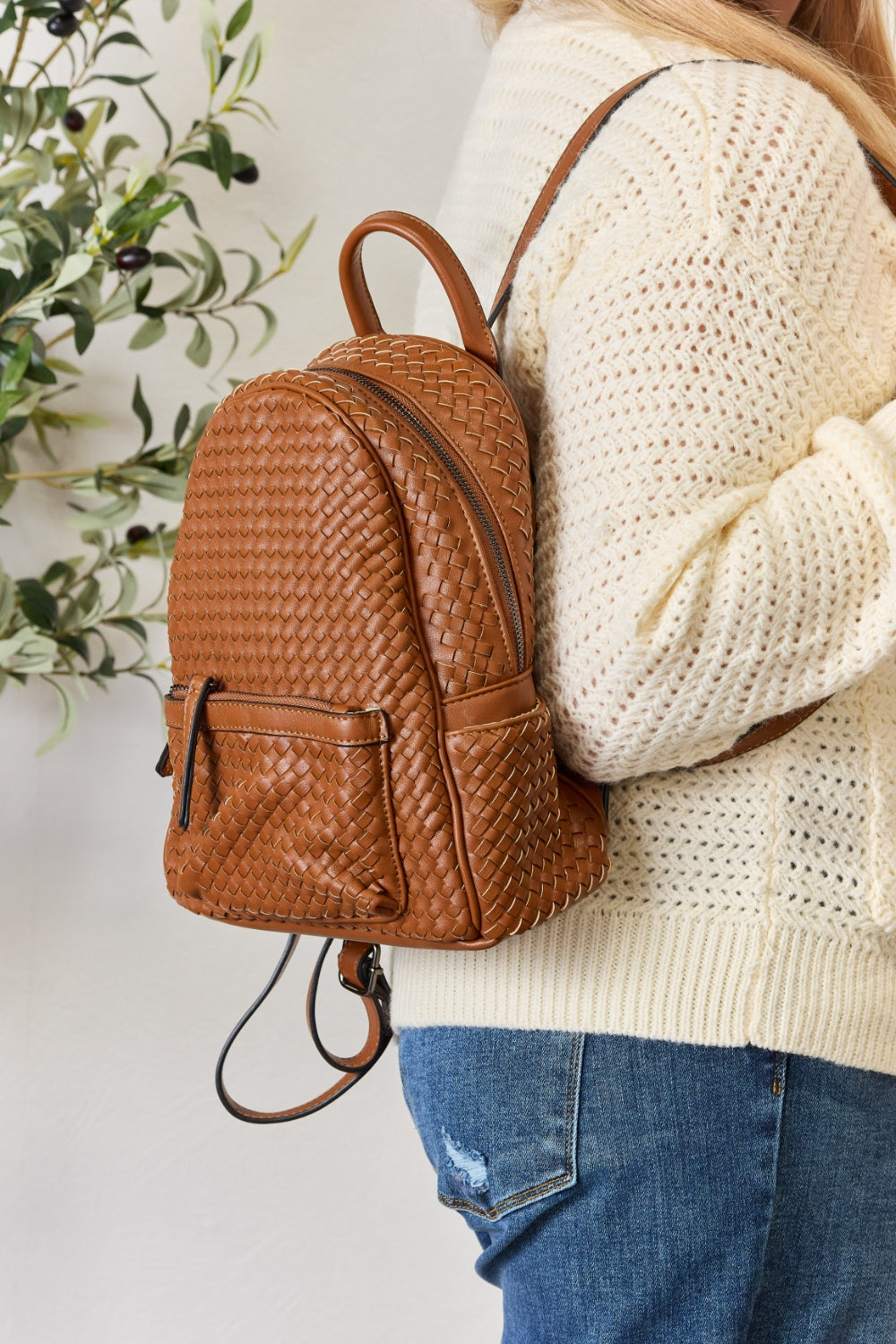 PU Leather Woven Backpack - Sage Her