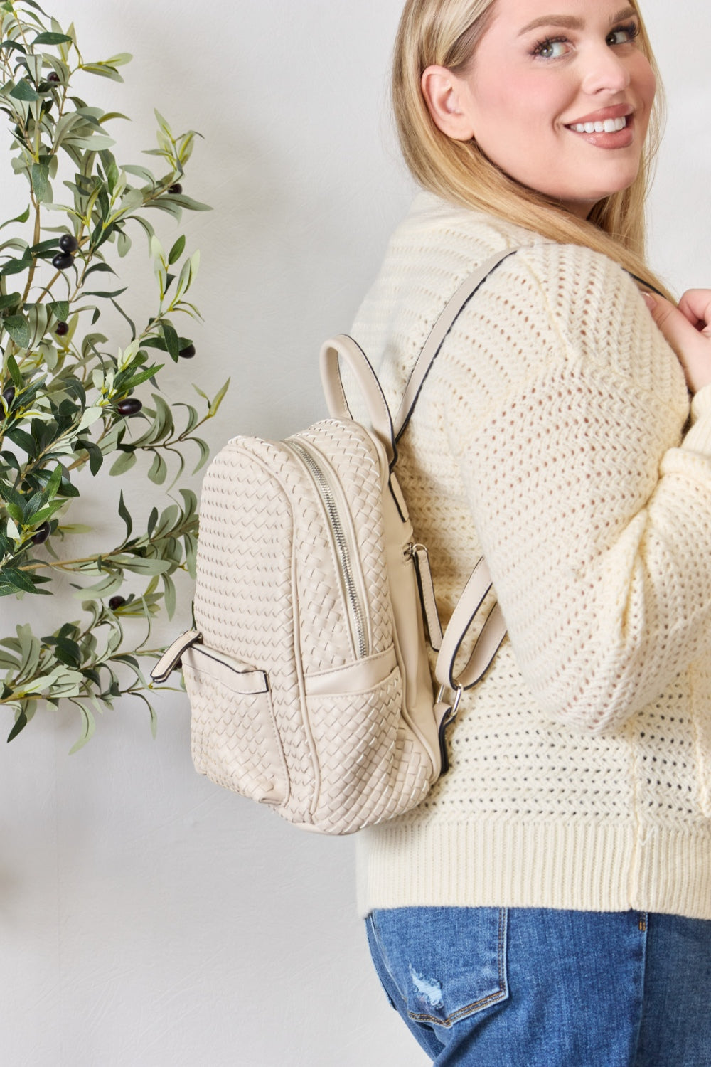 PU Leather Woven Backpack - Sage Her