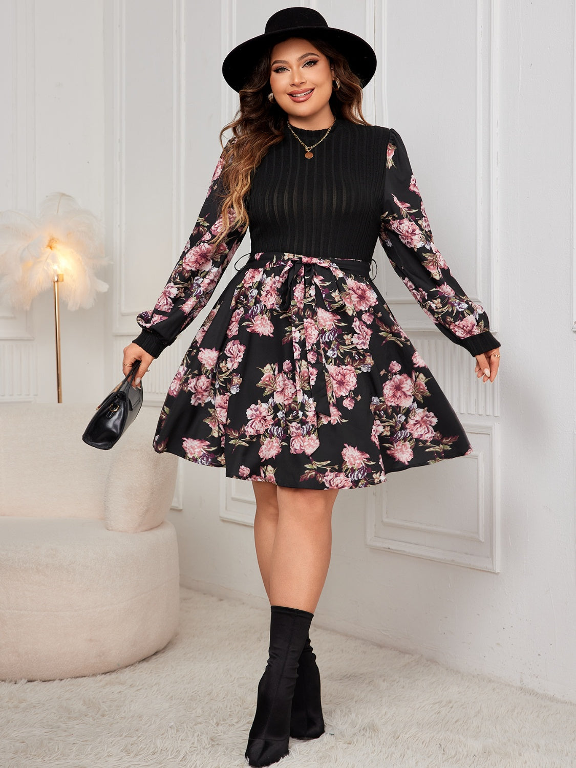 Tied Printed Long Sleeve Dress