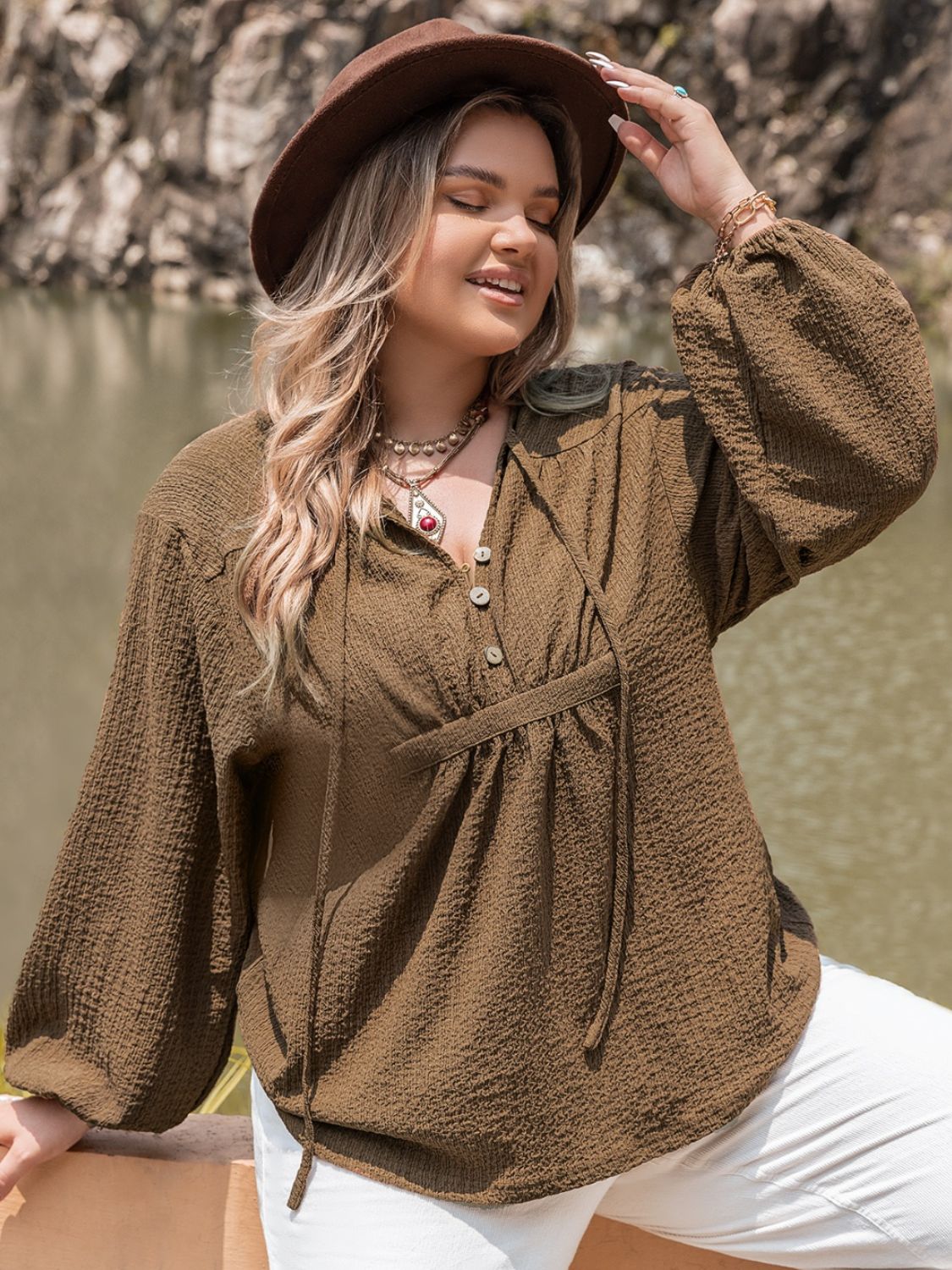 Tie Neck Long Sleeve Blouse - Sage Her