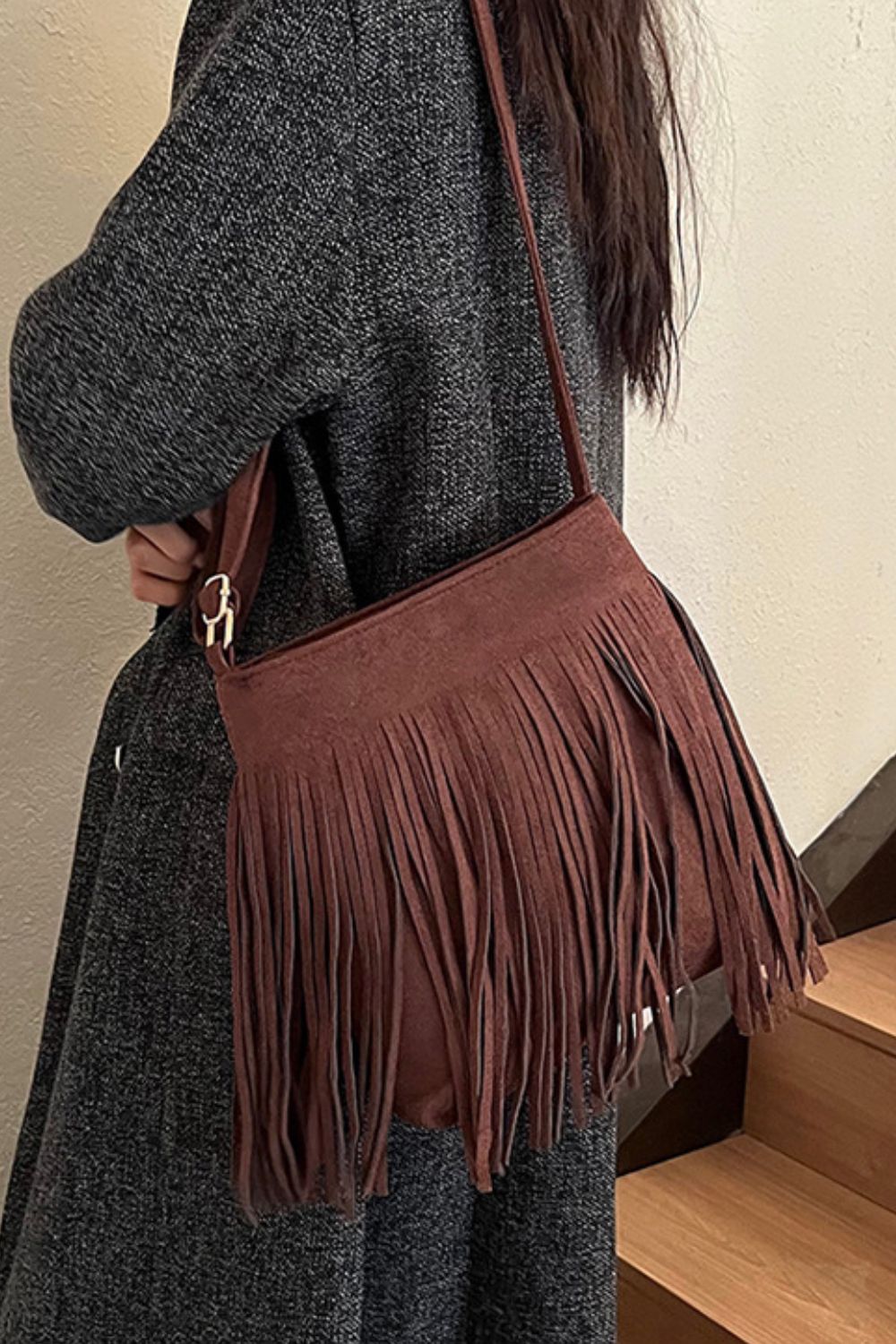 Suede Fringe Shoulder Bag - Sage Her