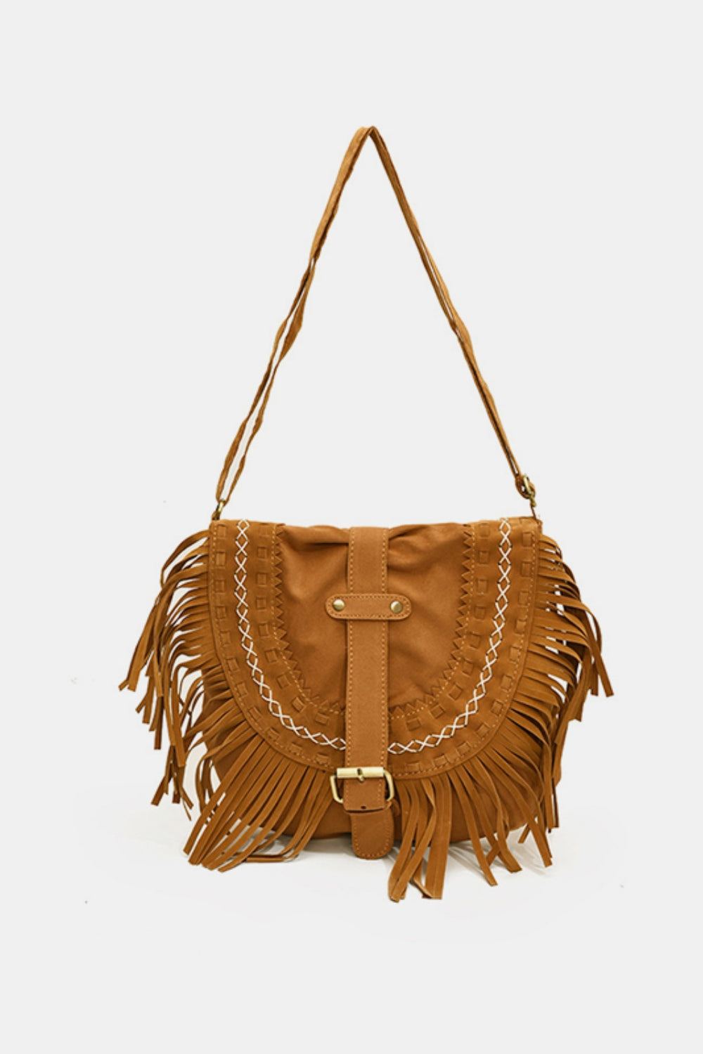 Suede Fringe Wide Strap Shoulder Bag - Sage Her