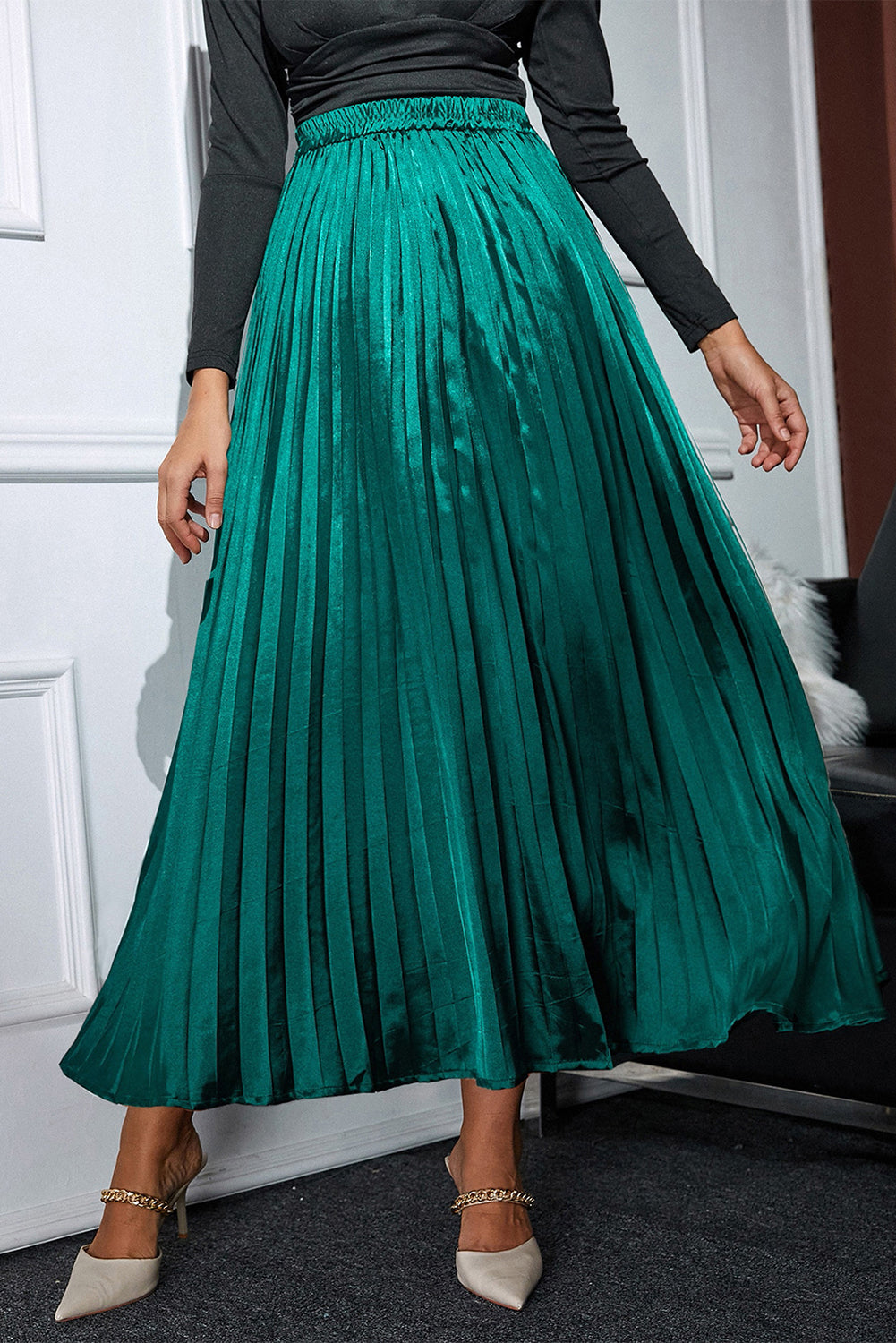 Elastic Waist Pleated Midi Skirt - Sage Her