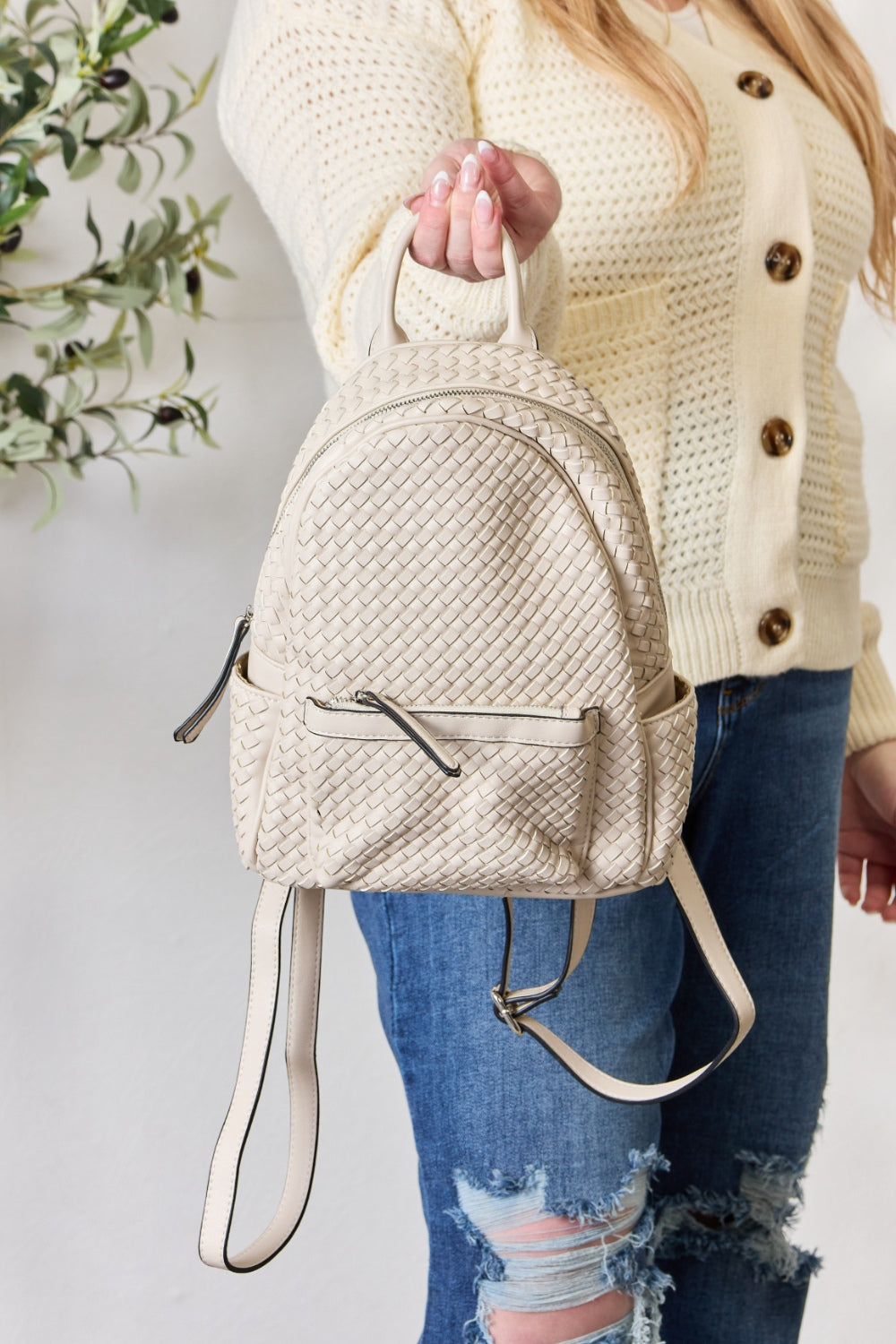 PU Leather Woven Backpack - Sage Her