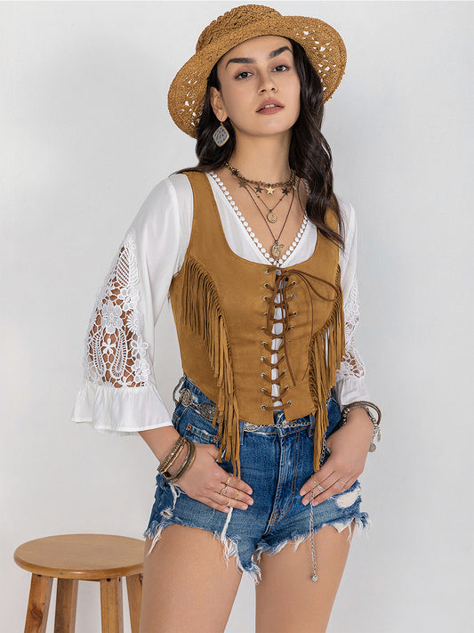 Fringe Lace-Up Vest - Sage Her