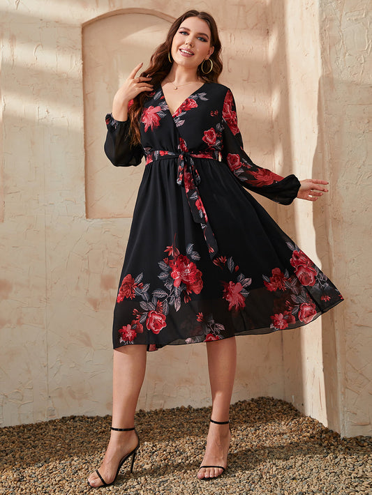 Honey Plus Size Floral Surplice Neck Tie Waist Dress - Sage Her