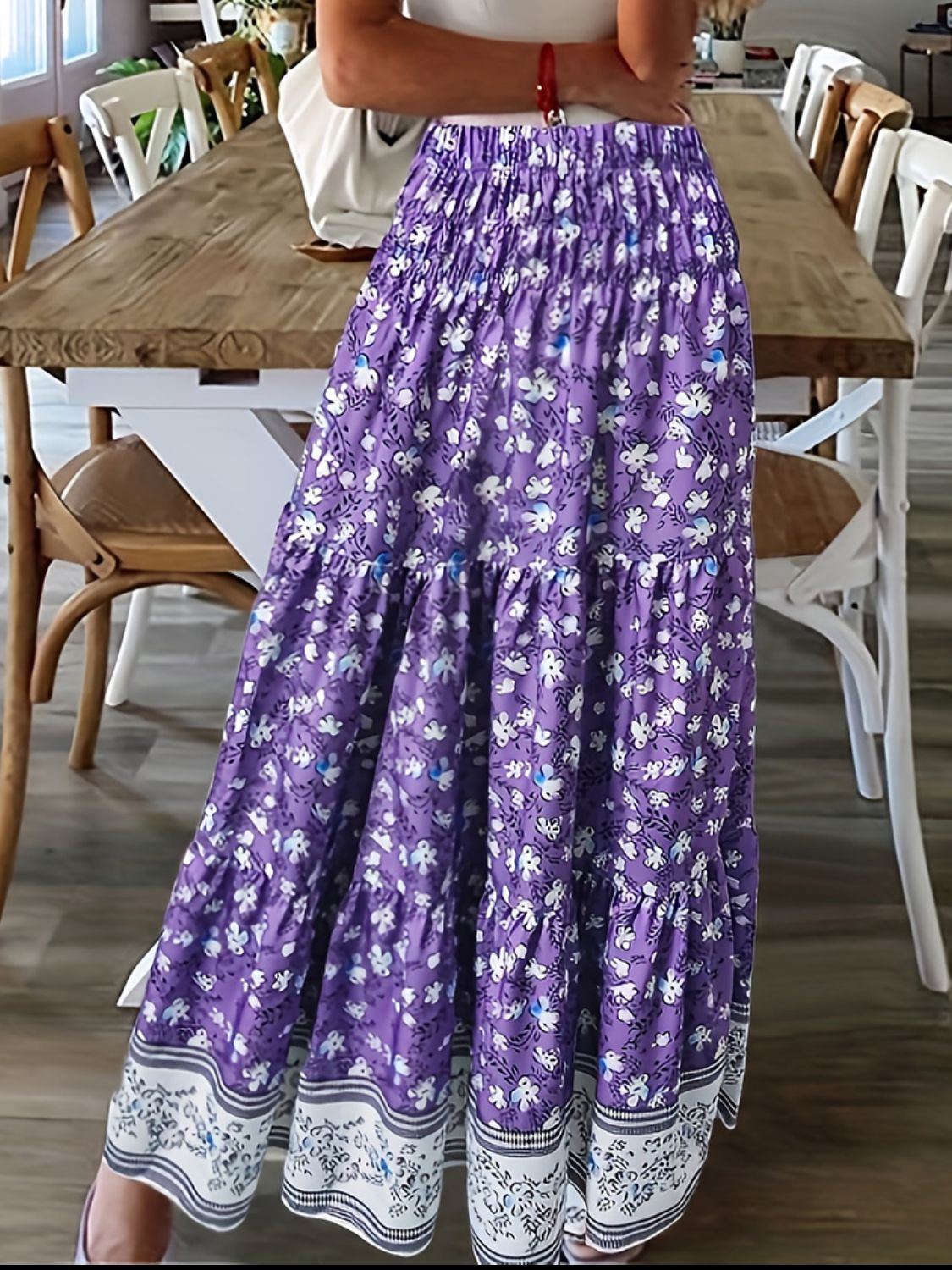 Full Size Tiered Printed Elastic Waist Skirt - Sage Her