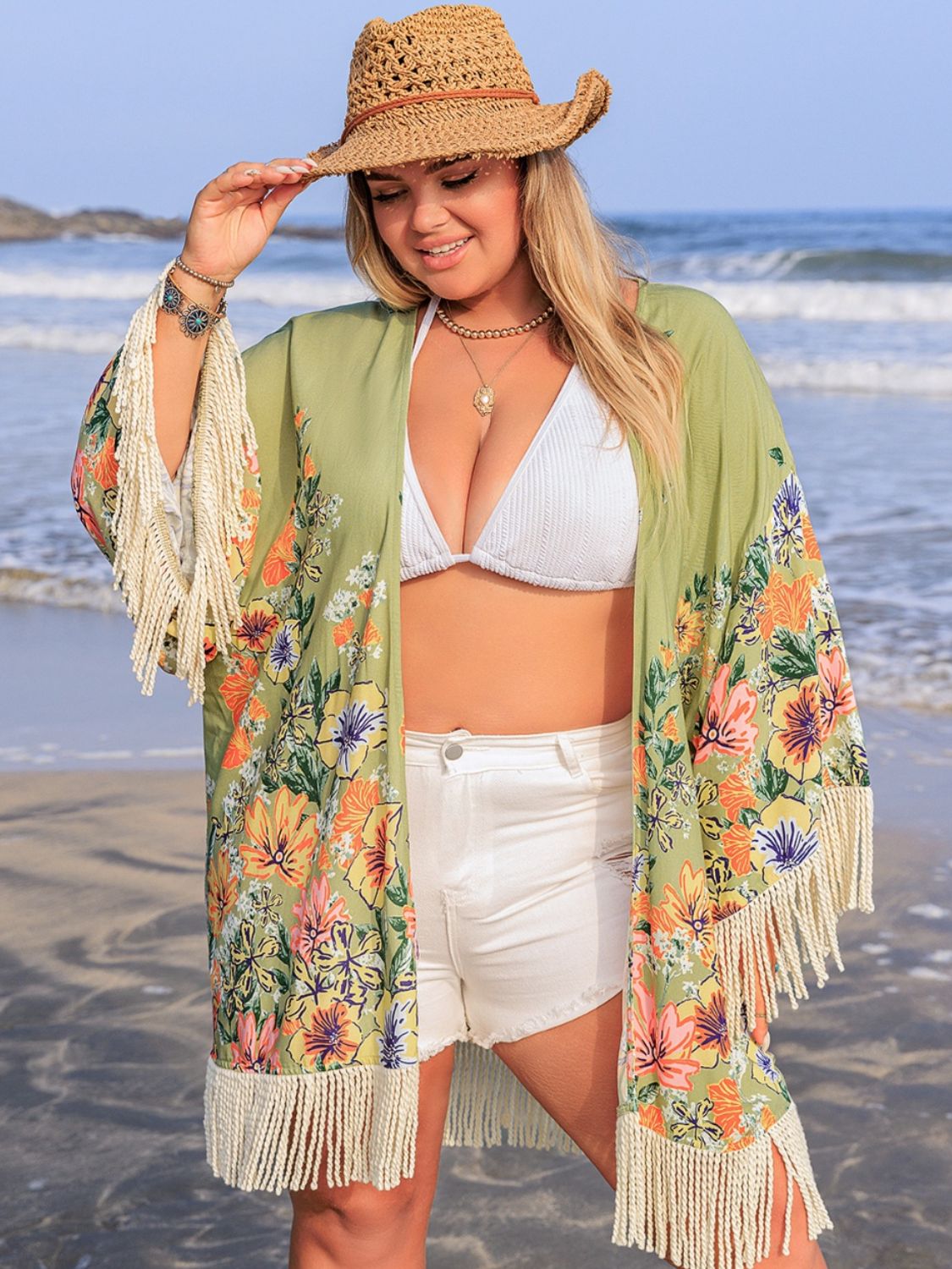 Fringe and Floral Open Front Kimono - Sage Her