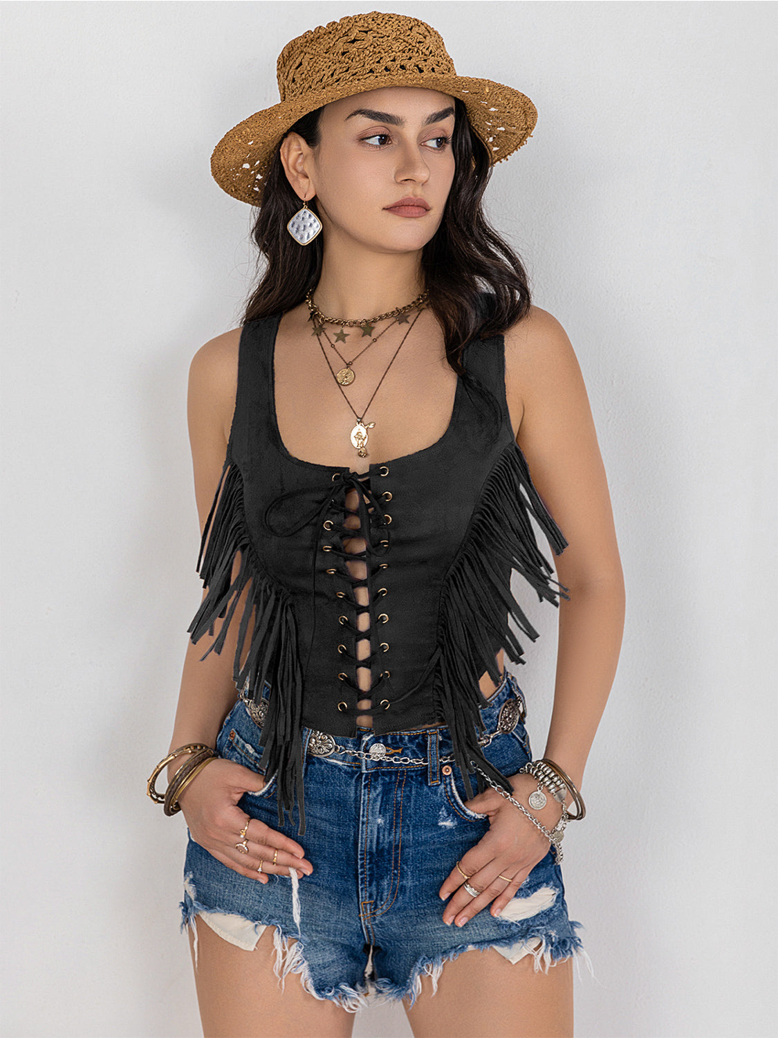 Fringe Lace-Up Vest - Sage Her