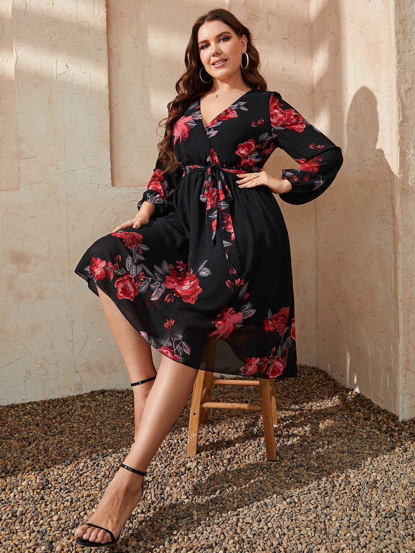 Honey Plus Size Floral Surplice Neck Tie Waist Dress - Sage Her