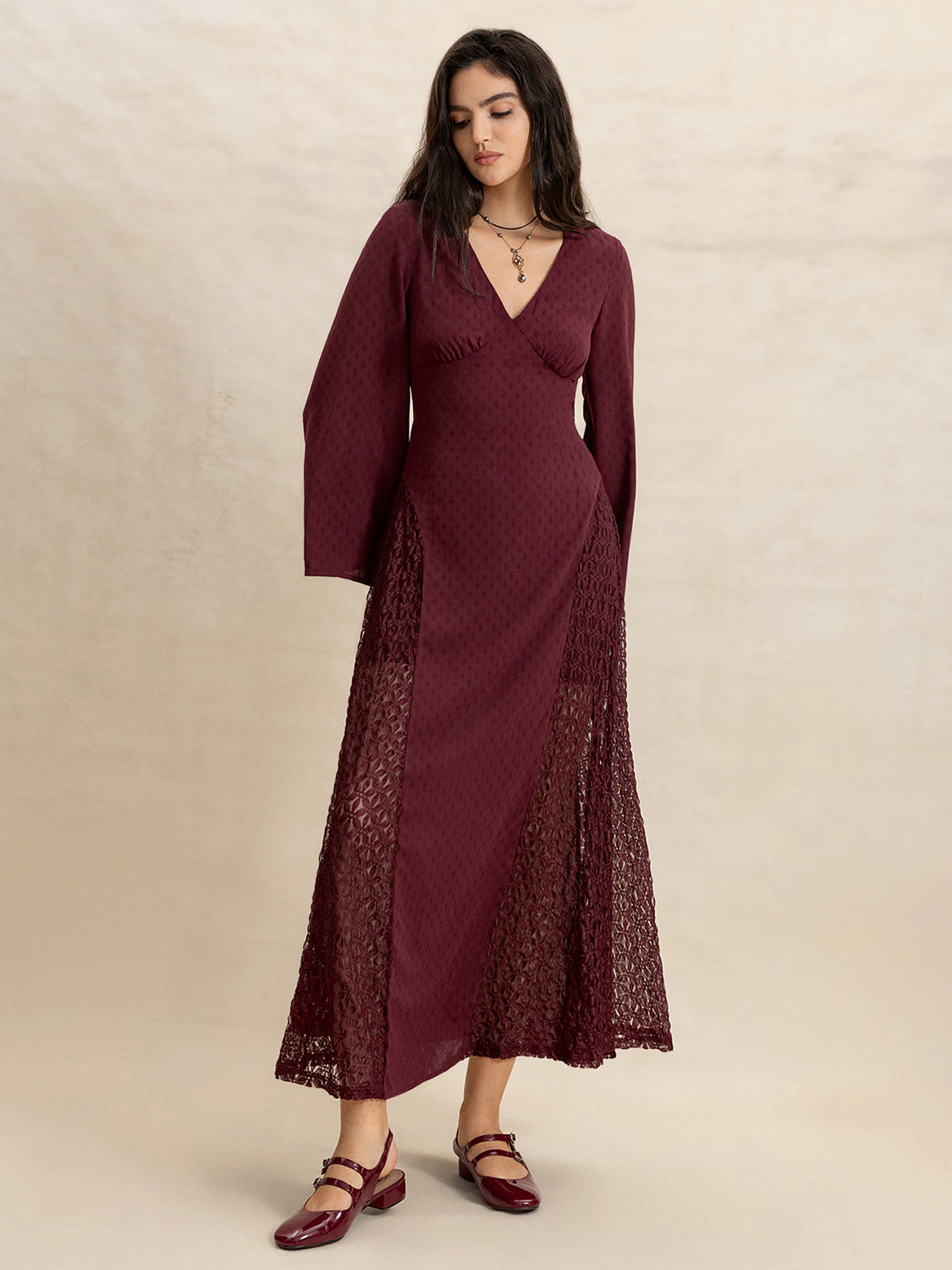 Lace Patchwork V-Neck Long Sleeve Midi Dress - Sage Her