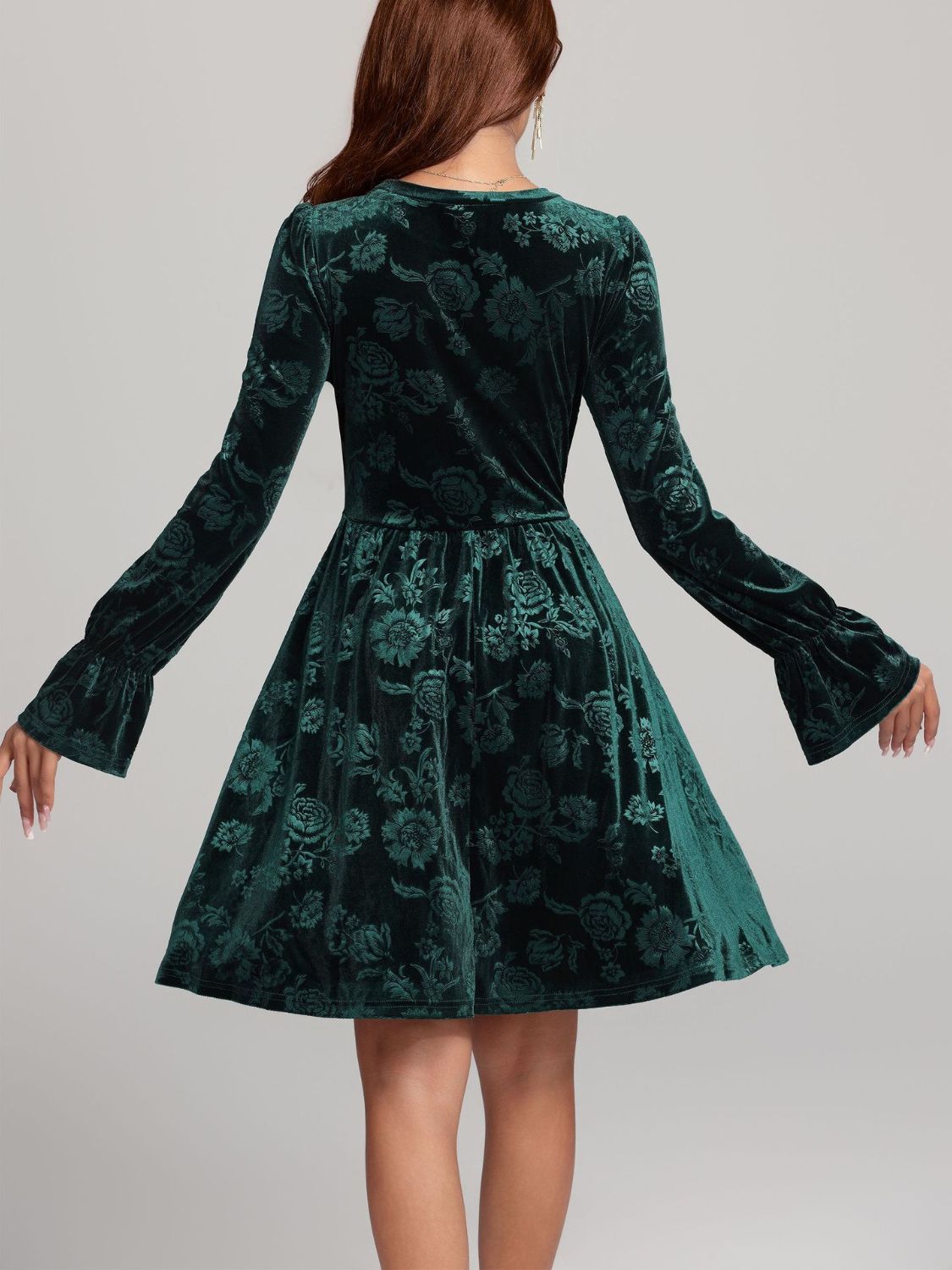 Tied Flower Print Round Neck Flounce Sleeve Dress - Sage Her